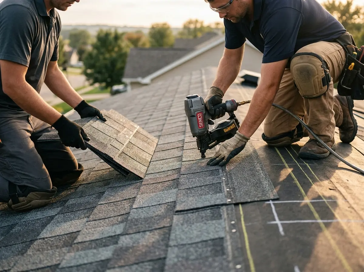 Professional roofer working on a residential roof in Estelle